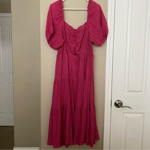 🪩 SHEIN Fuchsia Pink Shirred Puff Sleeve Tiered Cut-Out Midi Dress